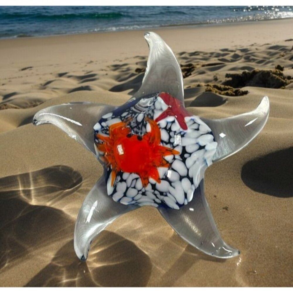 Art Glass Starfish And Crab Paperweight Nautical Beach Decor Multicolor 5” VTG